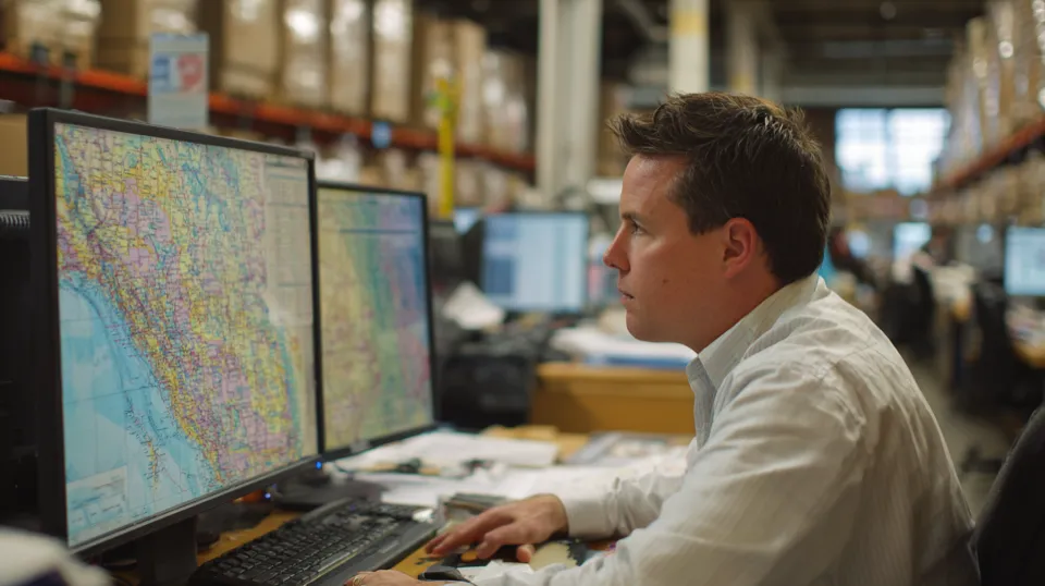 Freight coordinator planning shipment routes at workstation